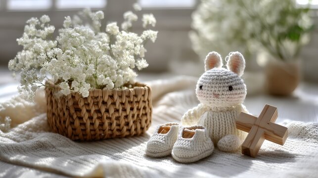 Sweet Baptism or Baby Shower Still Life: Knitted bunny, booties, and wooden cross with flowers - Powered by Adobe