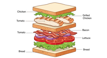 Mouthwatering exploded view of a delicious chicken club sandwich, perfect for illustrating food concepts and healthy eating guides with vibrant colors