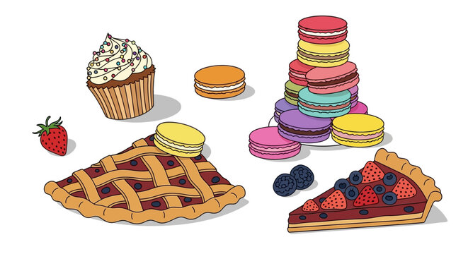 Delicious desserts spread with cupcake, pie, macarons, and berries invites you to a sweet treat, perfect for bakery menus or dessert promotions