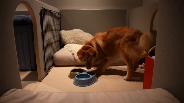 A dog is guided to its private suite with a comfy bed and personal toys in a pet hotel, conveying a sense of familiar comfort and security.