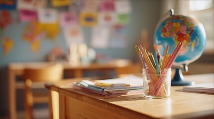 A vibrant and inviting classroom or study setting with pencils, a globe, and a notebook in bright sunlight
