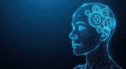 Obraz premium Conceptual blue wireframe head with gears symbolizing AI