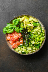 salmon, avocado and edamame bean bowl