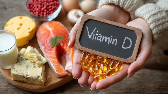 Hands holding a Vitamin D sign and capsules surrounded by food sources