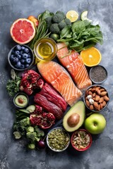 Flat lay of superfoods: salmon, avocado, berries, nuts, and greens for healthy eating