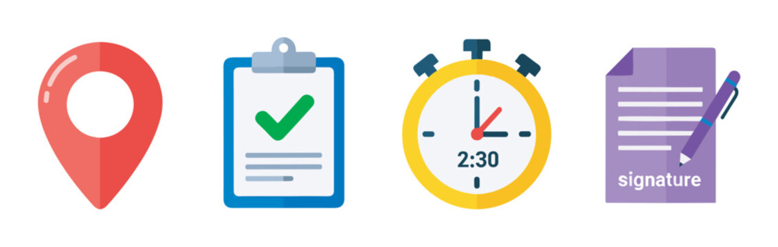 Red location pin icon, blue clipboard with a green check mark, yellow stopwatch showing 2:30, and purple document with a pen.