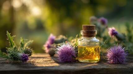 Macro shot of a glass bottle with milk thistle oil among thistle flowers on wood