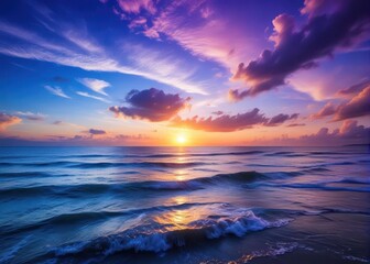Obraz premium Ocean sunset with cool blue-purple hues over the waves