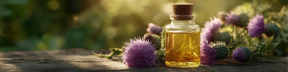 Macro shot of a glass bottle with milk thistle oil among thistle flowers on wood