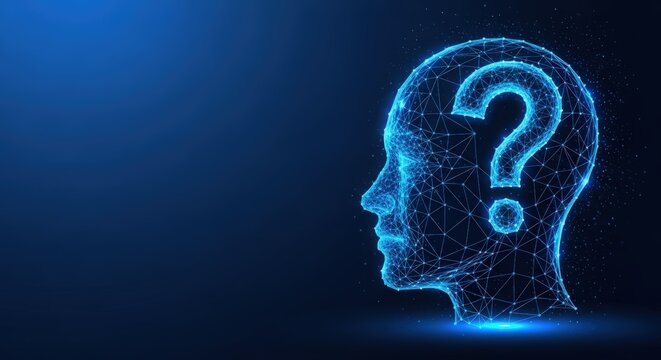 Digital human head with a glowing question mark inside