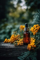 Tanacetum vulgare (Tansy) essential oil bottle on a wooden stump among bright yellow flowers