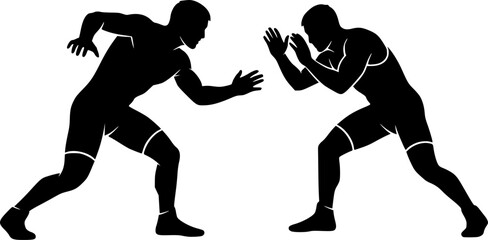Dynamic Wrestling Match Silhouette: Two Grapplers in Combat Sports Stance
