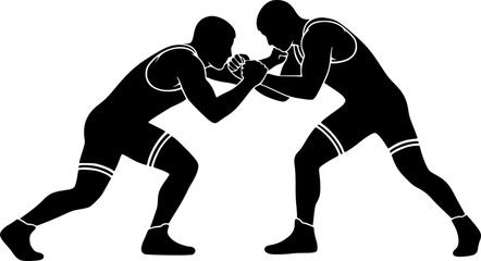 Dynamic Wrestling Match Silhouette: Two Grapplers in Combat Sports Stance
