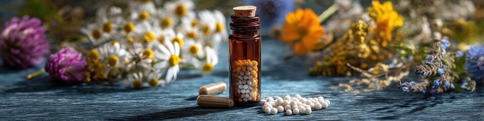 Macro close-up of homeopathic granules in an amber bottle and capsules, set against a backdrop of medicinal herbs and flowers