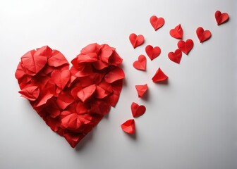 Crumpled red heart paper fragments scattered on a pristine white surface