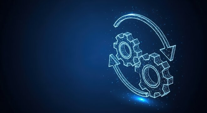 Digital wireframe gears symbolizing an automated workflow process