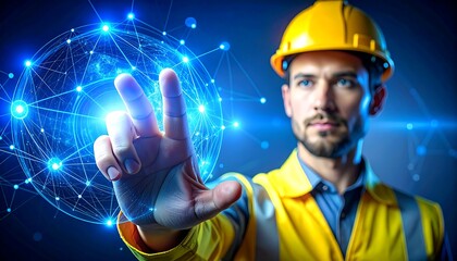 Focused Construction Worker Interacting with Digital Network.