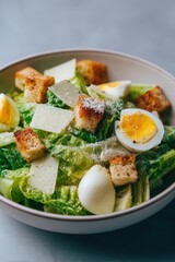 Classic Caesar salad with egg, croutons, and Parmesan on a light background