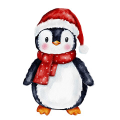 Cute penguin in a hat and scarf watercolor illustration