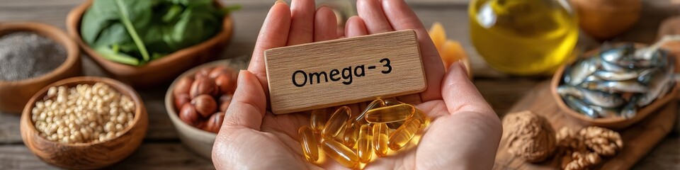 Female hands holding Omega-3 capsules against a background of natural sources