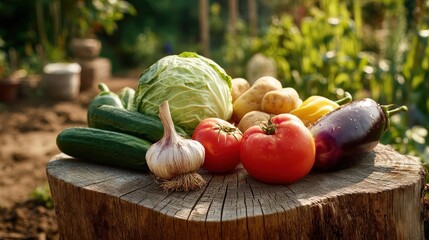 Close-up of an autumn vegetable harvest on a wooden stump with sunlight