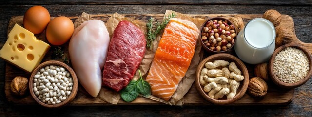 Protein-rich foods: meat, fish, eggs, cottage cheese, dairy, and nuts on a dark background