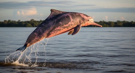 Fototapeta premium Pink river dolphin leaping gracefully from the water at sunset.