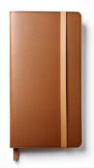 Elegant Brown Leather Notebook on White Background with Ribbon Bookmark Detail