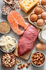 Protein-rich foods: meat, fish, eggs, cottage cheese, dairy, and nuts on a dark background