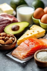 Essential foods for the Keto diet: meat, salmon, avocado, cheese, and nuts