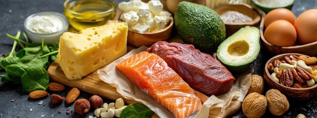 Essential foods for the Keto diet: meat, salmon, avocado, cheese, and nuts