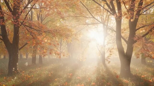 Golden Autumn Forest Sunlight Rays Filter Through Orange Leafed Trees Onto Grassy Ground With Scattered Leaves