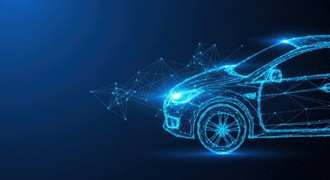 Futuristic digital wireframe car with glowing blue lights