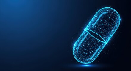 Futuristic glowing blue wireframe of a medical pill