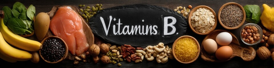 B Vitamins Rich Foods: Meat, Salmon, Eggs, Whole Grains, Bananas, Broccoli, and Carrots