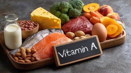 Vitamin A Rich Foods: Carrots, Salmon, Eggs, Cheese, Milk, Nuts, and Vegetables on Wood