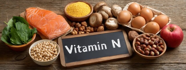Vitamin-Rich Foods: Salmon, Eggs, Nuts, Mushrooms, Cauliflower, Apple, and Greens
