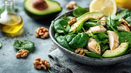 Fresh Spinach Salad with Chicken Pieces, Avocado, and Walnuts on a Light Background