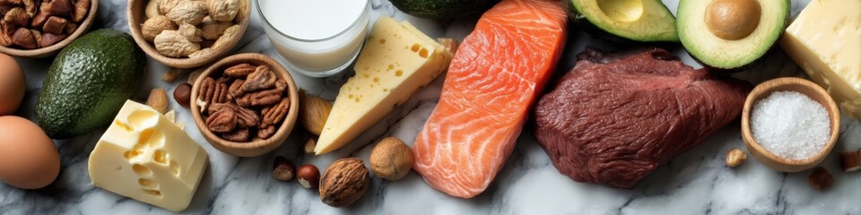 Ketogenic Diet Foods: Beef, Salmon, Cheese, Eggs, Avocado, Cream Cheese, Nuts, and Seeds