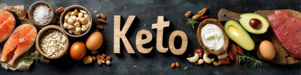 Keto Diet Food Set: Meat, Salmon, Cheese, Eggs, Avocado, Nuts, and Seeds