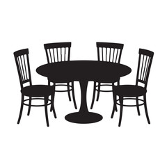 Silhouette of a round dining table with four chairs, isolated on white background