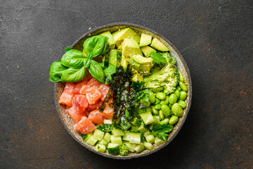 salmon, avocado and edamame bean bowl