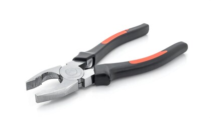 Fototapeta premium A close-up studio shot of a pair of pliers with black and red rubber grips on a white background. The pliers are open