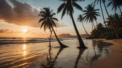 Fototapeta premium Silhouette of coconut palm trees on tropical beach at sunset