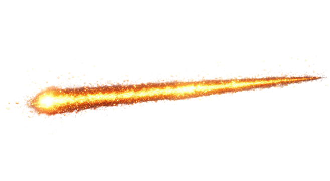 Fiery, elongated trail with bright head, sparking against black background