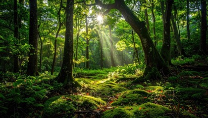 Obraz premium Sunlit Green Forest with Mossy Ground