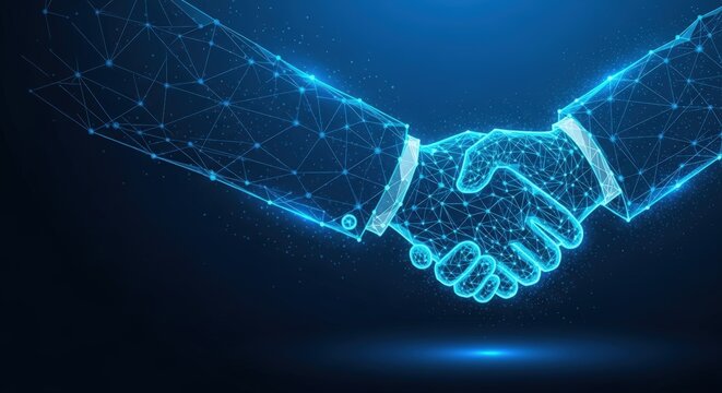 Glowing blue wireframe hands completing a digital handshake