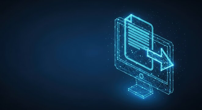 Glowing digital document emerging from a computer screen