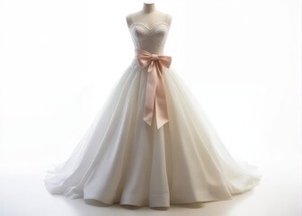 Beautiful Wedding Dress with Delicate White Bow Isolated on White Background