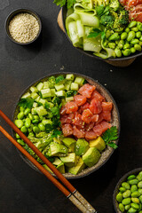 salmon, avocado and edamame bean bowl